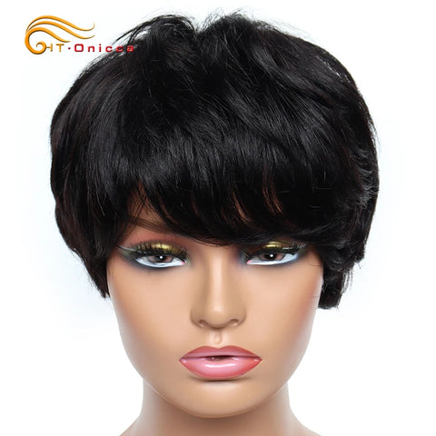 Image of Cheap Human Hair Wigs Short Bob Pixie Cut Wig Human Hair For Women perruque cheveux humain Brazilian Hair Colored Wig With Bangs-FrenzyAfricanFashion.com