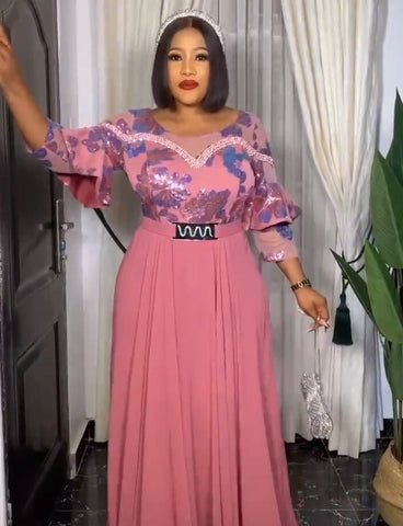 Image of Summer Dresses Women 3/4 Sleeve O-neck Polyester Pink Long Maxi Dress with Belt-FrenzyAfricanFashion.com