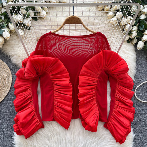 Image of Basics Ruffle Spliced O-neck Vintage Long Sleeves Slim Mesh Top Office Lady Spring Autumn Women T-Shirts-FrenzyAfricanFashion.com