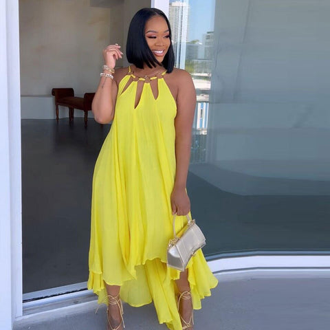 Image of Summer New Women's Fashion Sexy Sleeveless Open Back Long Street Dress Solid Loose Pullover Metal Decoration Dress-FrenzyAfricanFashion.com