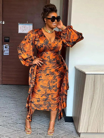 Image of Womens Dresses Long Sleeved Ruffle Drape Dress V Neck Sexy Curvy Dresses Plus-FrenzyAfricanFashion.com