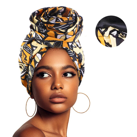 Image of Woman African Satin Lined Turban Cap Big Flower Hat Floral Printed Headwrap Bonnet Muslim Headscarf Ladies Beanies-FrenzyAfricanFashion.com
