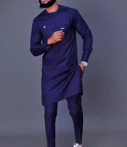Image of Men's Elegant Long Sleeve Suit Shirt Pants 2-piece Solid Color Party Long Sleeve African Ethnic Style-FrenzyAfricanFashion.com
