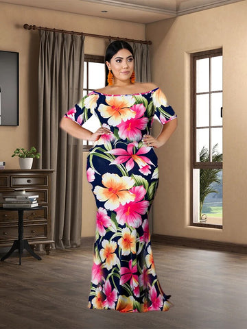 Image of Plus Size Short Sleeved Floral Women Robe Soirée Femme-FrenzyAfricanFashion.com