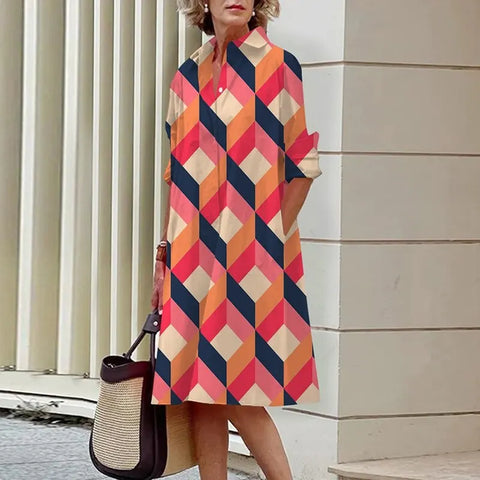 Image of Chic Patchwork Print Shirt Dress Casual Lapel Button Slim Dress-FrenzyAfricanFashion.com