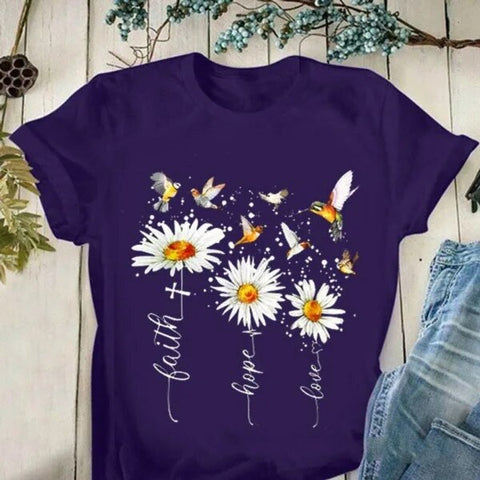 Image of Faith Hope Love Daisy Print T Shirt Women Short Sleeve O Neck Loose-FrenzyAfricanFashion.com