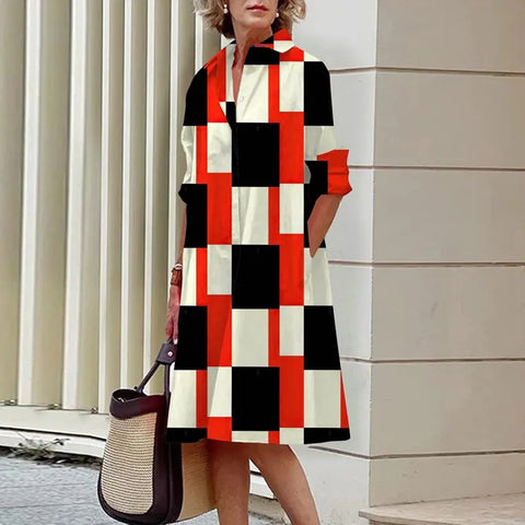 Image of Chic Patchwork Print Shirt Dress Casual Lapel Button Slim Dress-FrenzyAfricanFashion.com