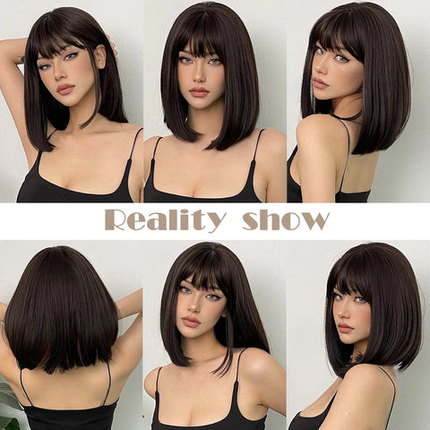 Image of Short Black Brown Synthetic Natural Hair Wigs for Women Bob Straight Wig with Bangs High Temperature Daily Cosplay Party Wigs-FrenzyAfricanFashion.com