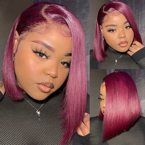 Image of Straight Short Bob Human Hair Wig For Women Blunt Cut Bone Straight Lace Frontal Wigs Burgundy 99J Lace Front Bob Wig Straight-FrenzyAfricanFashion.com