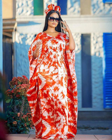 Image of Women Summer Half Sleeve V-neck Polyester Long Dress-FrenzyAfricanFashion.com