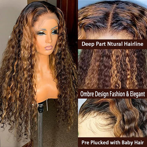 Image of Lace Front Wig Curly Human Hair Women Brown Remy Brazilian 13X1 Wave-FrenzyAfricanFashion.com