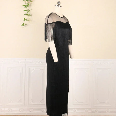 Image of 2024 Women Fringe Party Dresses Elegant Net Shoulder Sleeveless Large Size Long Dress for Birthday Dinner Event Wedding Guest-FrenzyAfricanFashion.com