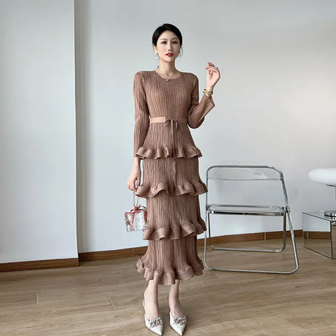 Image of Pleat Dresses Autumn Mid-length Women's Black Dress-FrenzyAfricanFashion.com