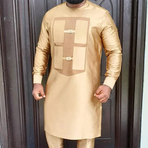 Image of Men's Elegant Long Sleeve Suit Shirt Pants 2-piece Solid Color Party Long Sleeve African Ethnic Style-FrenzyAfricanFashion.com