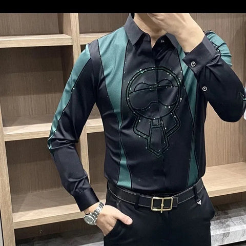 Image of Men Lapel Spliced Button Diamonds Business Shirts-FrenzyAfricanFashion.com