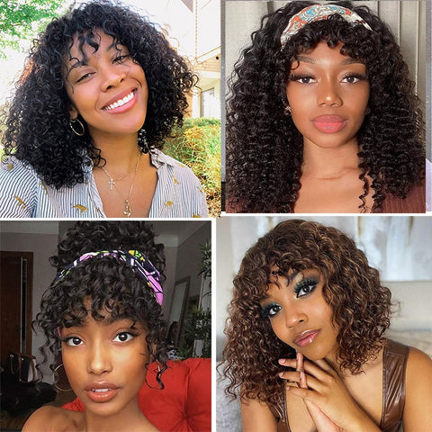 Image of Curly Human Hair Wigs For Women Human Hair Bob Wig Kinky Curly Wig With Bangs-FrenzyAfricanFashion.com
