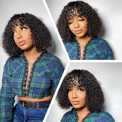 Image of Curly Human Hair Wigs For Women Human Hair Bob Wig Kinky Curly Wig With Bangs-FrenzyAfricanFashion.com