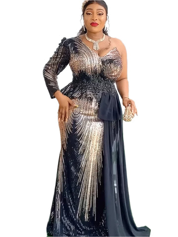 Image of Gold Sequin Long Women Party Dress Outfits One Hand Long sleeve-FrenzyAfricanFashion.com