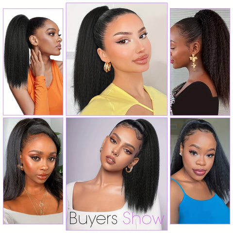 Image of 16" Fluffy Ponytail Hair Extensions 16 Inch Kinky Straight Ponytail Extension For Women Black Yaki Pony Tails Fluffy Synthetic Clip In Ponytail Hair Extensions Claw Clip On Ponytails For Women (16", 1B) Halloween Christmas-FrenzyAfricanFashion.com