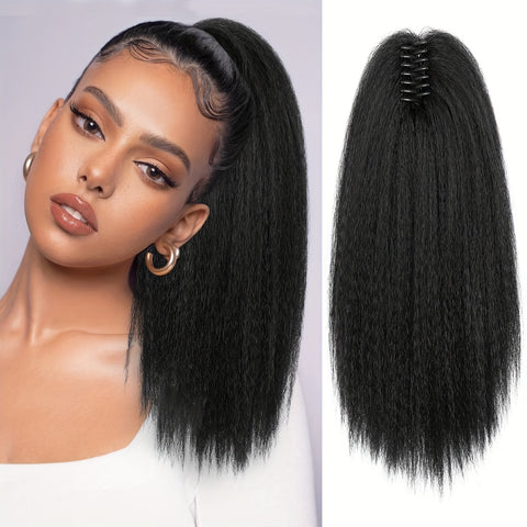 Image of 16" Fluffy Ponytail Hair Extensions 16 Inch Kinky Straight Ponytail Extension For Women Black Yaki Pony Tails Fluffy Synthetic Clip In Ponytail Hair Extensions Claw Clip On Ponytails For Women (16", 1B) Halloween Christmas-FrenzyAfricanFashion.com
