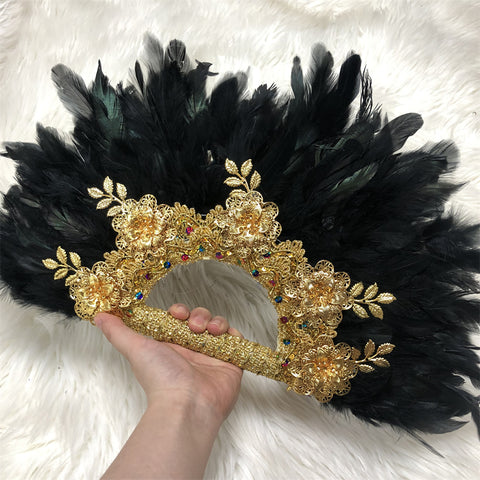 Image of Feathers Hand fan African Dance Wedding Fan with Sequined Beaded-FrenzyAfricanFashion.com