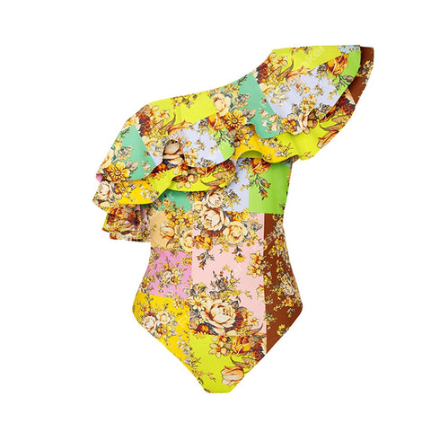 Image of Swimsuit with Skirt Gold Asymmetrical Bathing Suit Summer Surf Wear-FrenzyAfricanFashion.com