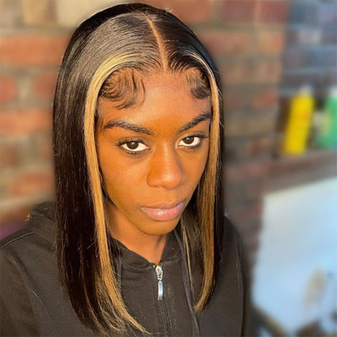 Image of Highlight T-Part Lace Bob Wig, Pre-Plucked Peruvian Remy Straight Human Hair-FrenzyAfricanFashion.com