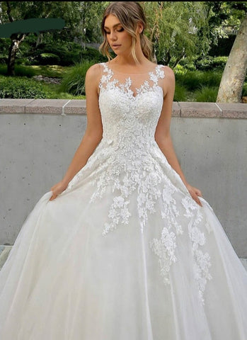 Image of Wedding Dress A-Line O-Neck Illusion Button Tulle Bridal Gown-FrenzyAfricanFashion.com