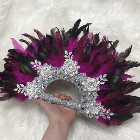 Image of Feathers Hand fan African Dance Wedding Fan with Sequined Beaded-FrenzyAfricanFashion.com