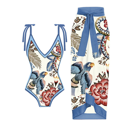 Image of Floral Print One-Piece Swimsuit Set-FrenzyAfricanFashion.com