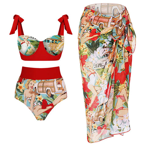 Image of Retro Swimwear Women Printed Bikini Red One-piece Swimsuit Bathing Suit Summer Skirt Beach Wear Plus Size Luxury-FrenzyAfricanFashion.com