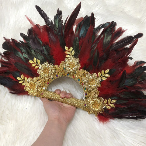 Image of Feathers Hand fan African Dance Wedding Fan with Sequined Beaded-FrenzyAfricanFashion.com