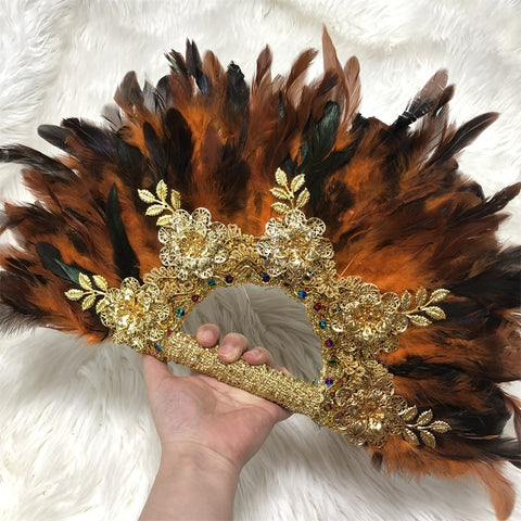 Image of Feathers Hand fan African Dance Wedding Fan with Sequined Beaded-FrenzyAfricanFashion.com