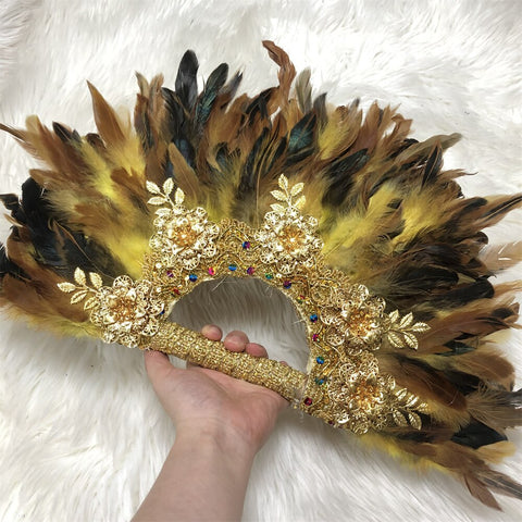 Image of Feathers Hand fan African Dance Wedding Fan with Sequined Beaded-FrenzyAfricanFashion.com