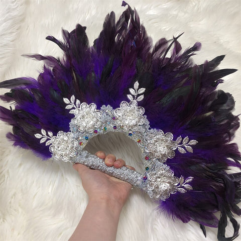 Image of Feathers Hand fan African Dance Wedding Fan with Sequined Beaded-FrenzyAfricanFashion.com