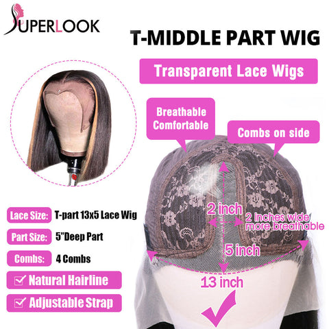 Image of Highlight T-Part Lace Bob Wig, Pre-Plucked Peruvian Remy Straight Human Hair-FrenzyAfricanFashion.com