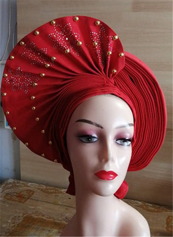 Image of Beautiful Pink Gele Headtie Aso Oke Gele Already Made Auto Gele Aso African Turban Cap With Beads-FrenzyAfricanFashion.com