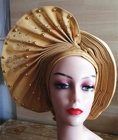 Image of nigerian aso oke with beads women turban shawl african headties-FrenzyAfricanFashion.com