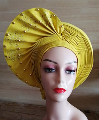 Image of Beautiful Pink Gele Headtie Aso Oke Gele Already Made Auto Gele Aso African Turban Cap With Beads-FrenzyAfricanFashion.com