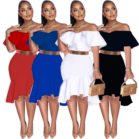 Image of Women Summer Sexy Off-Shoulder Midi White Tunics Dress Ladies Evening Party Fishtail Dresses-FrenzyAfricanFashion.com