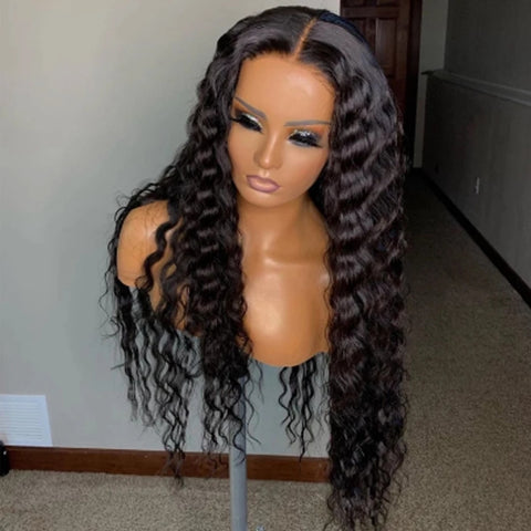 Image of Kryssma Natural Black Loose Deep Lace Front Wig Long Glueless Deep Wave Frontal Wig High Temperature Synthetic Hair For Women-FrenzyAfricanFashion.com