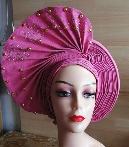 Image of nigerian aso oke with beads women turban shawl african headties-FrenzyAfricanFashion.com