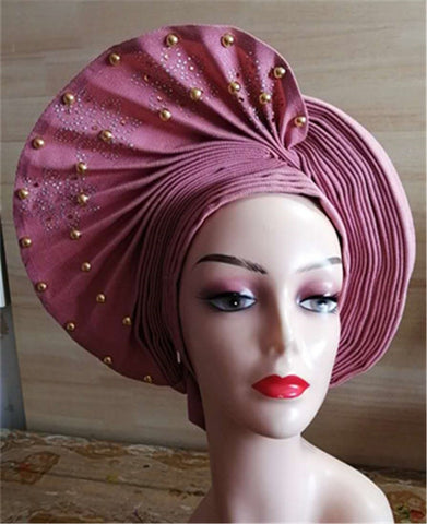 Image of Beautiful Pink Gele Headtie Aso Oke Gele Already Made Auto Gele Aso African Turban Cap With Beads-FrenzyAfricanFashion.com