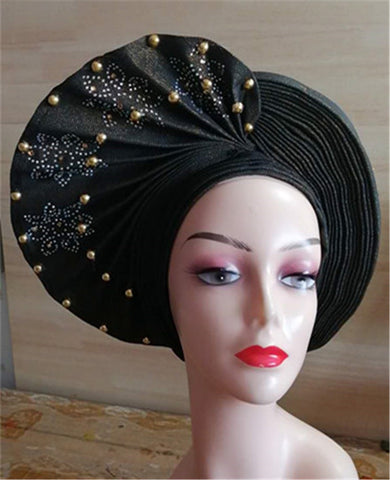 Image of Beautiful Pink Gele Headtie Aso Oke Gele Already Made Auto Gele Aso African Turban Cap With Beads-FrenzyAfricanFashion.com