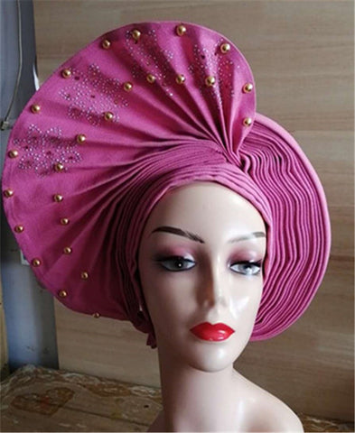 Image of Beautiful Pink Gele Headtie Aso Oke Gele Already Made Auto Gele Aso African Turban Cap With Beads-FrenzyAfricanFashion.com