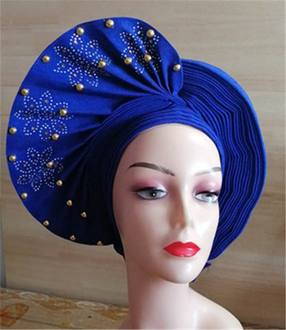 Image of Beautiful Pink Gele Headtie Aso Oke Gele Already Made Auto Gele Aso African Turban Cap With Beads-FrenzyAfricanFashion.com