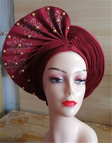 Image of Beautiful Pink Gele Headtie Aso Oke Gele Already Made Auto Gele Aso African Turban Cap With Beads-FrenzyAfricanFashion.com