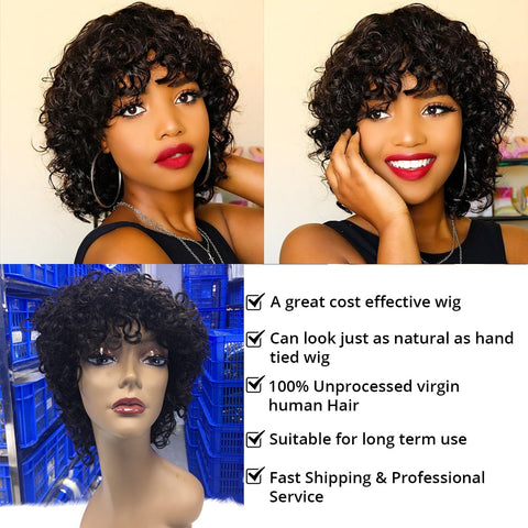 Image of Pixie Cut Wig Human Hair Short Curly Women Human Hair With Bangs-FrenzyAfricanFashion.com