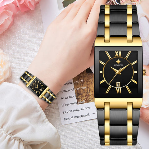 Image of Luxury Square Dress Black Gold Quartz Wrist Watch Stainless Steel Waterproof Women Watch-FrenzyAfricanFashion.com