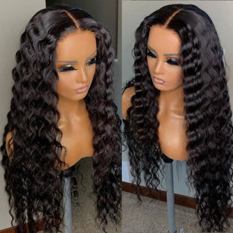 Image of Kryssma Natural Black Loose Deep Lace Front Wig Long Glueless Deep Wave Frontal Wig High Temperature Synthetic Hair For Women-FrenzyAfricanFashion.com